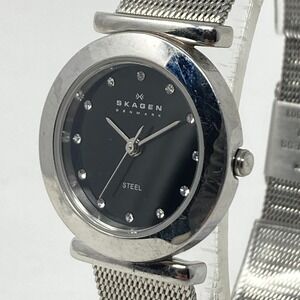 Skagen Steel Watch Women 25mm Silver Tone Black Dial Mesh Band New Battery